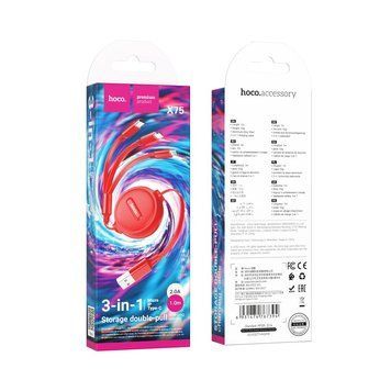 Кабель USB Hoco X75 Double-pull 3-in-1 IP+Type-C+Micro 2A X75 фото