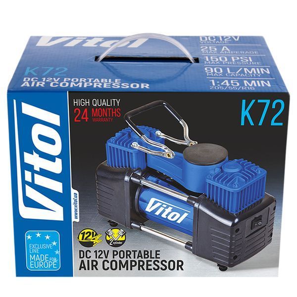 Компресор "ViTOL" K-72 150psi/25Amp /90л/2 циліндра /шланг 5,0м/клеми K-72 фото