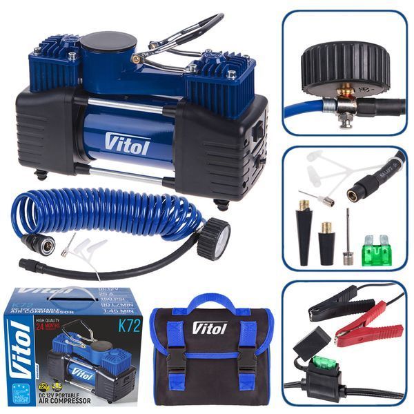 Компресор "ViTOL" K-72 150psi/25Amp /90л/2 циліндра /шланг 5,0м/клеми K-72 фото